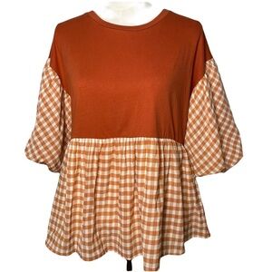 English Factory Burnt Orange Gingham Peplum Top Puff Sleeve Size M
